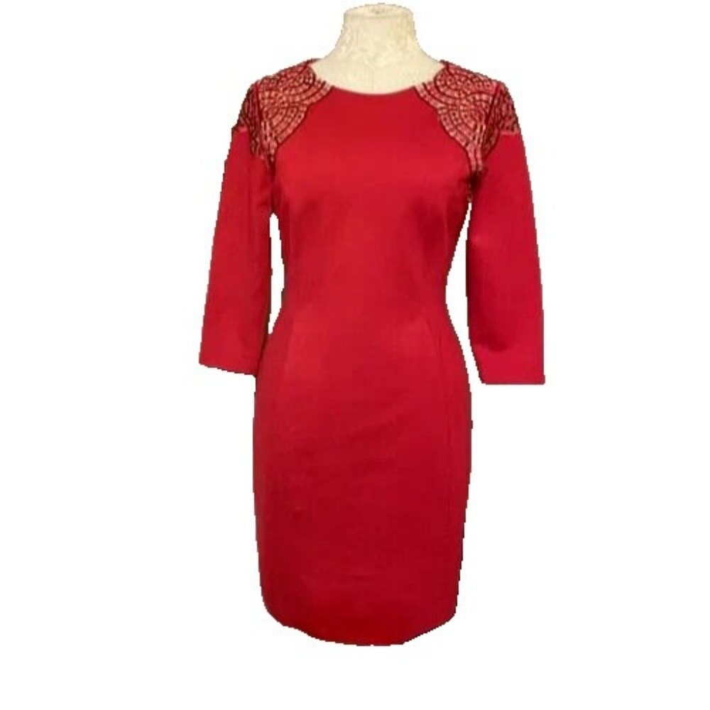 Antonio Melani Dress Red 6 Small Career Church Stretch 3/4 Long Sleeve Sheath - Picture 3 of 8